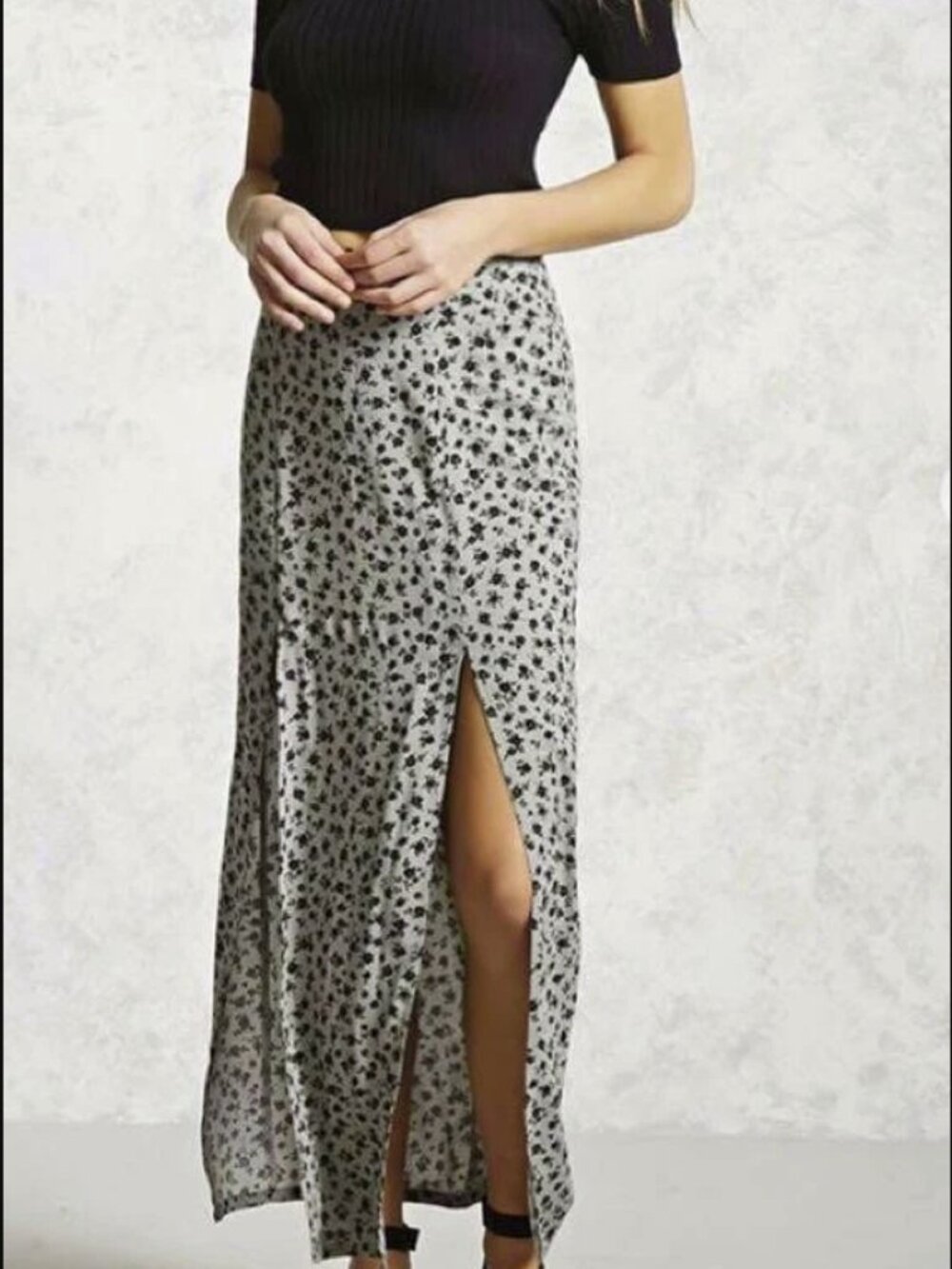 FOREVER 21 Sage/Black Floral Print Maxi Skirt